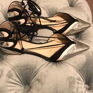 Zara silver/black/pink tie up pointe flats